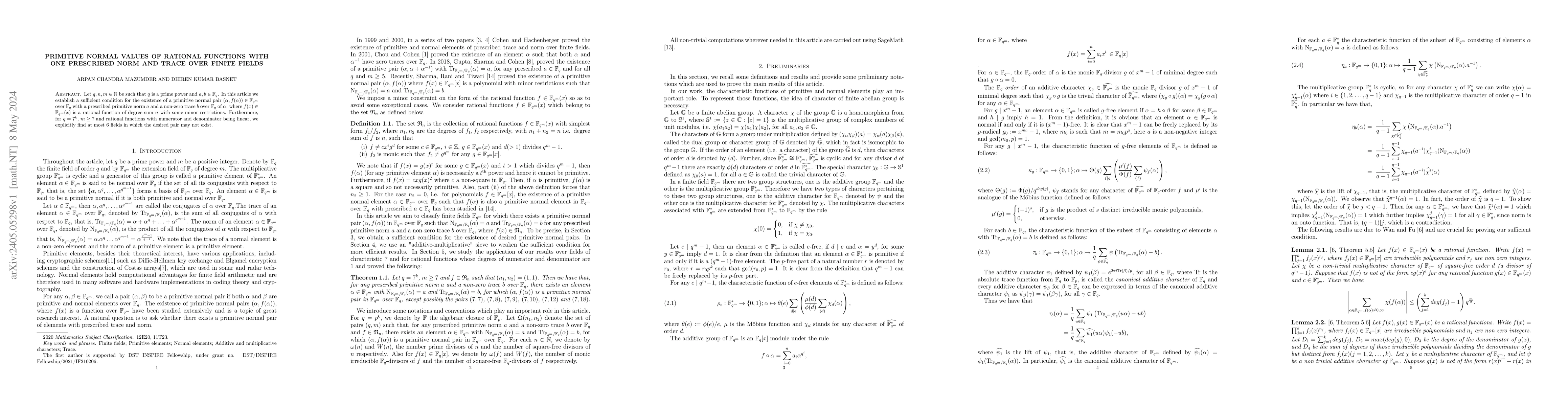 Thumbnail for Primitive normal Values of rational functions with one prescribed norm
  and trace over finite fields