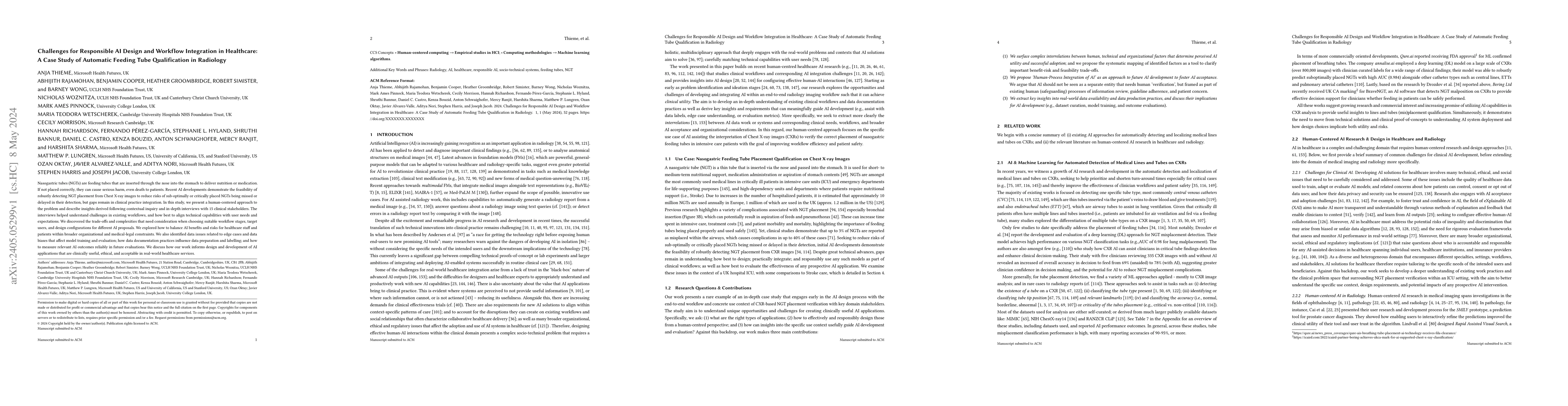 Thumbnail for Challenges for Responsible AI Design and Workflow Integration in
  Healthcare: A Case Study of Automatic Feeding Tube Qualification in Radiology