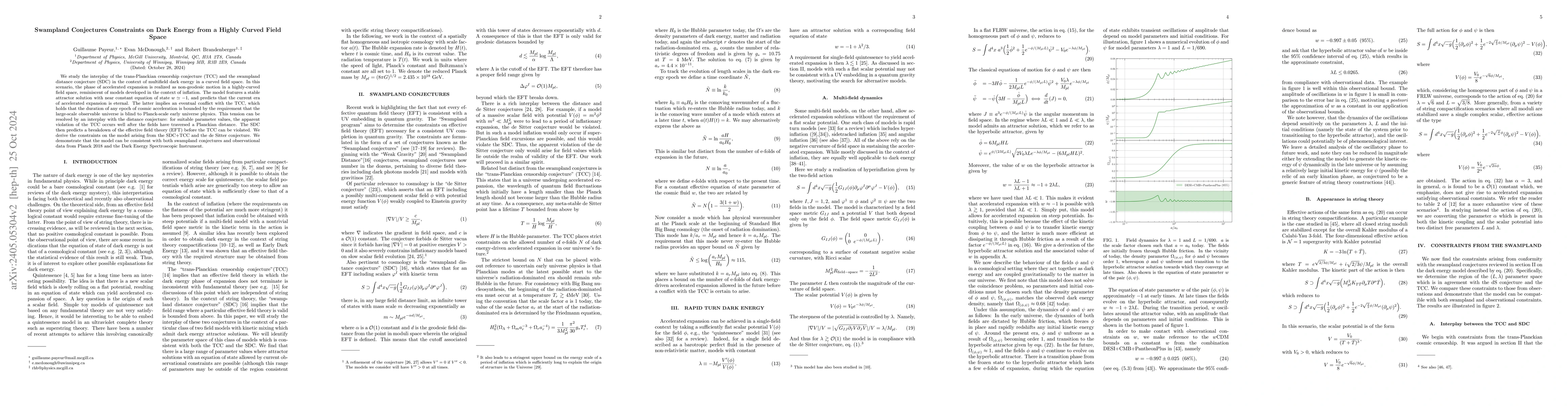 Thumbnail for Swampland Conjectures Constraints on Dark Energy from a Highly Curved
  Field Space