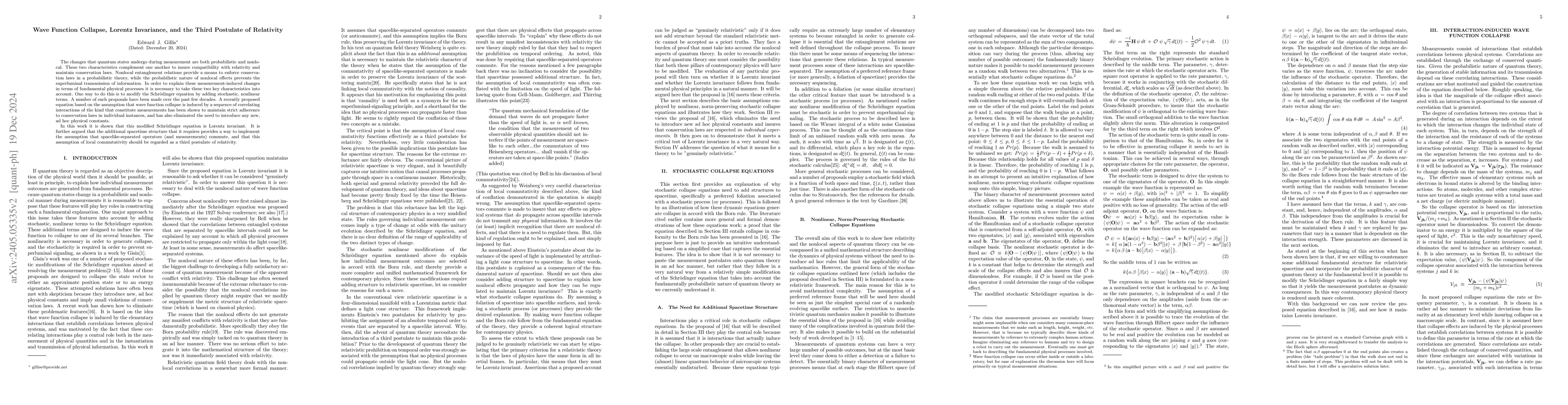 Thumbnail for Wave Function Collapse, Lorentz Invariance, and the Third Postulate of
  Relativity