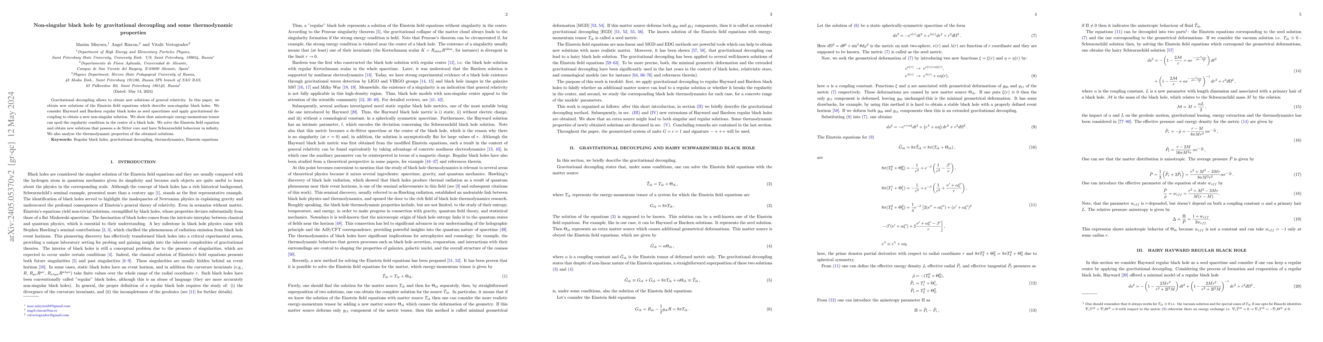 Thumbnail for Non-singular black hole by gravitational decoupling and some
  thermodynamic properties