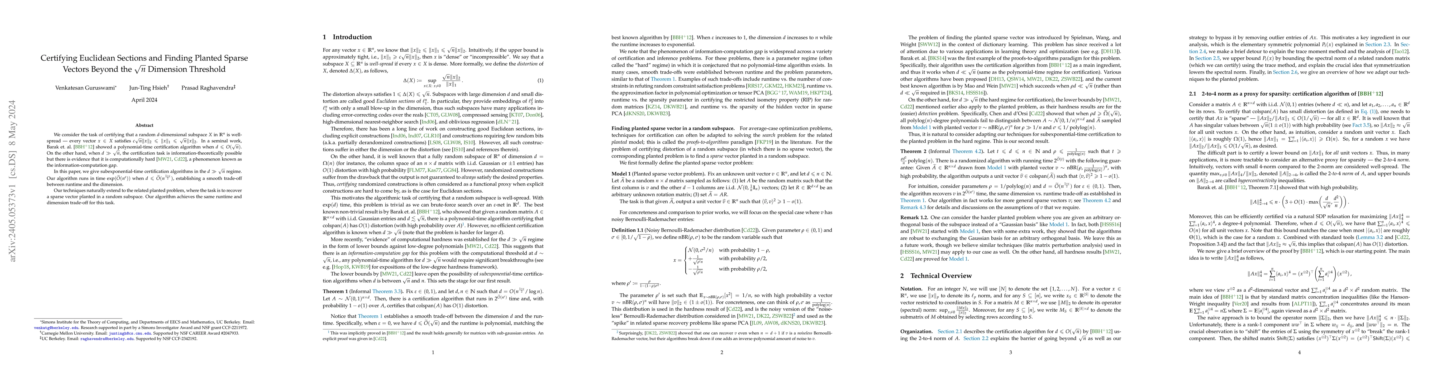 Thumbnail for Certifying Euclidean Sections and Finding Planted Sparse Vectors Beyond
  the $\sqrt{n}$ Dimension Threshold
