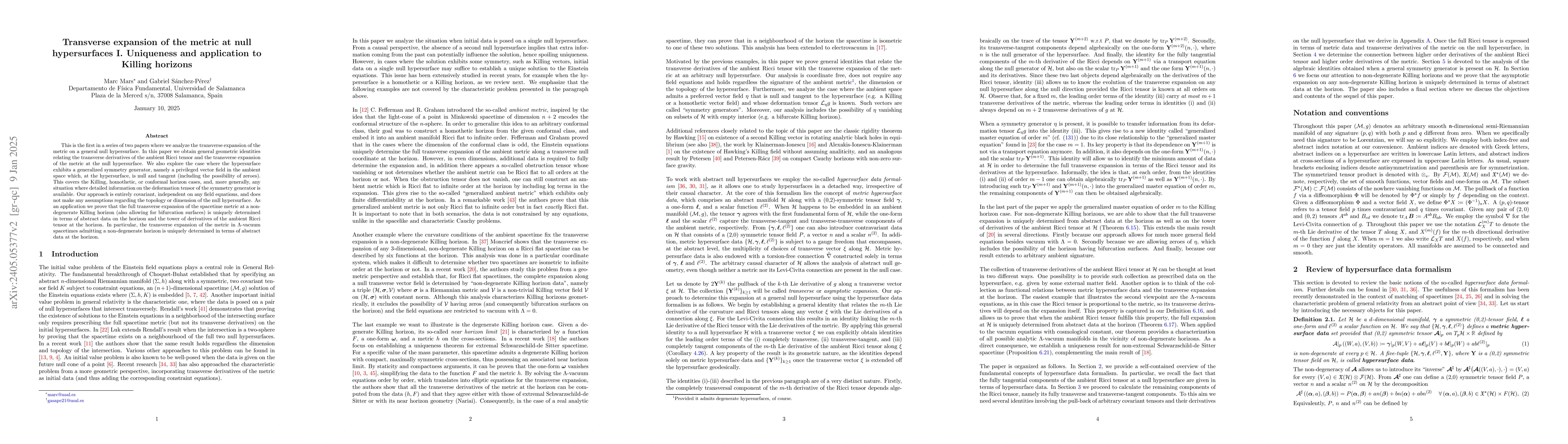 Thumbnail for Transverse expansion of the metric at null hypersurfaces I. Uniqueness
  and application to Killing horizons