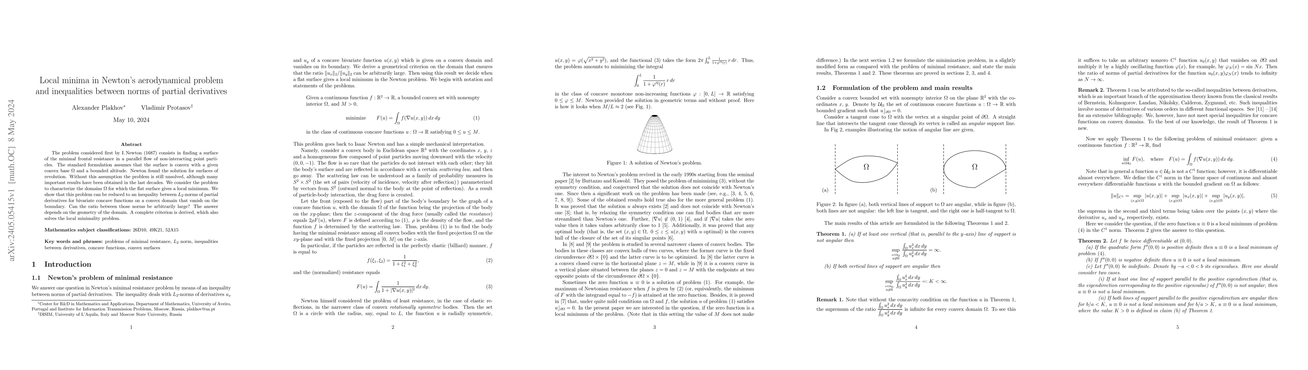 Thumbnail for Local minima in Newton's aerodynamical problem and inequalities between
  norms of partial derivatives
