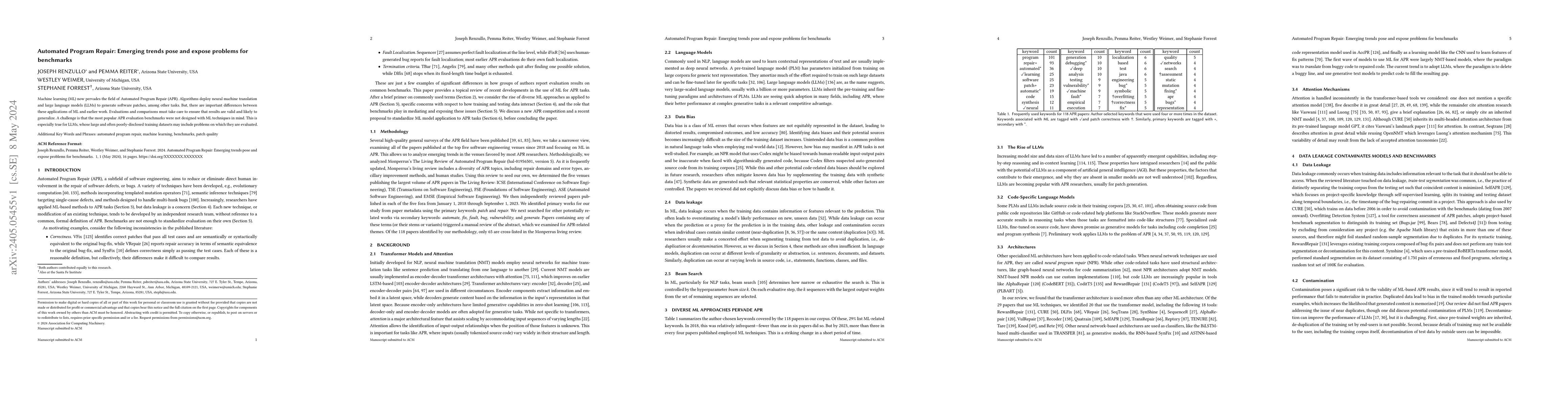 Thumbnail for Automated Program Repair: Emerging trends pose and expose problems for
  benchmarks