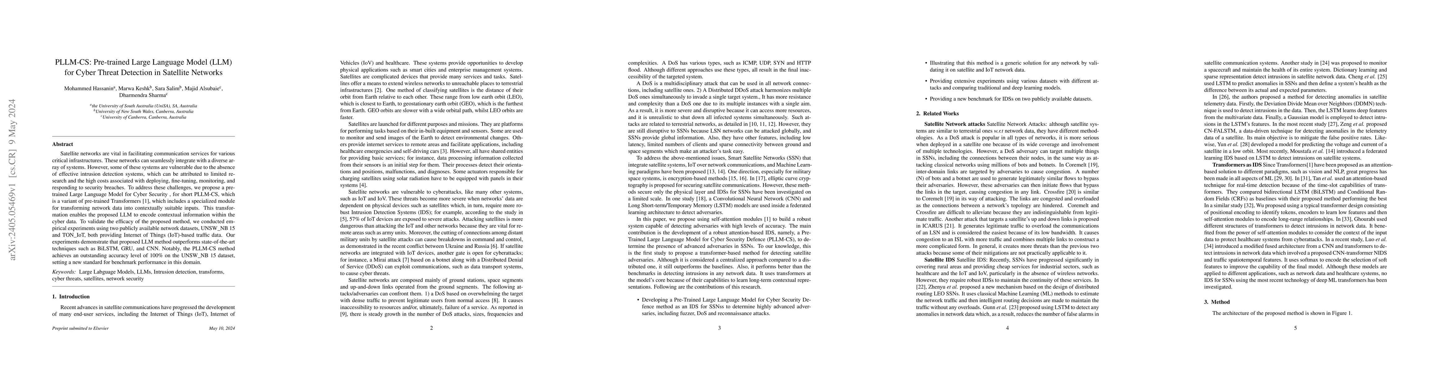 Thumbnail for PLLM-CS: Pre-trained Large Language Model (LLM) for Cyber Threat
  Detection in Satellite Networks