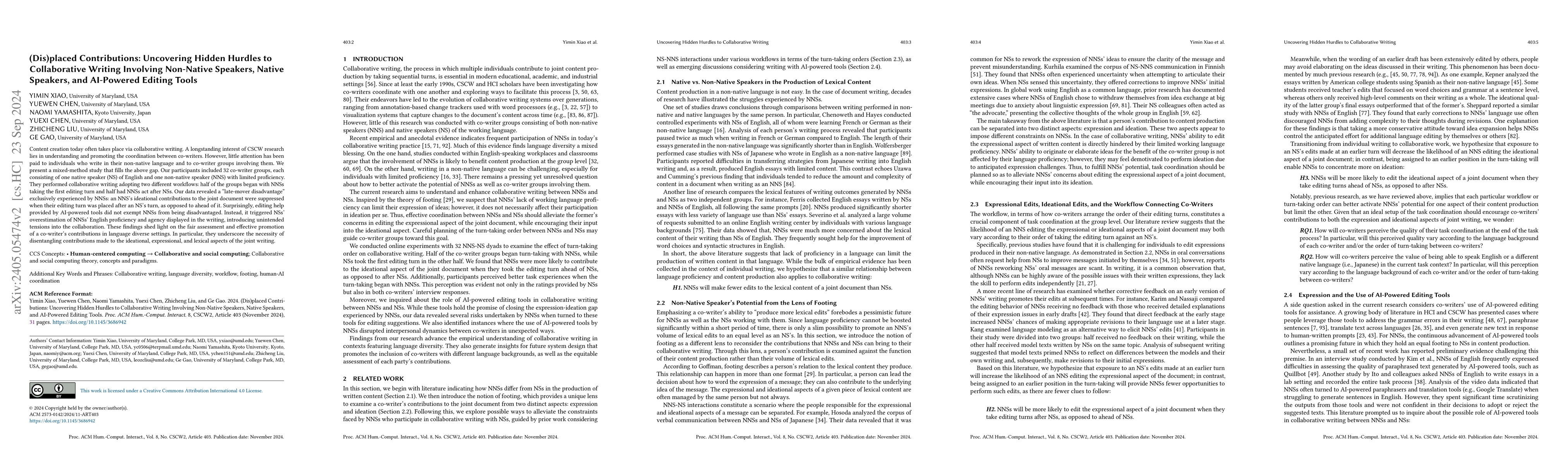 Thumbnail for (Dis)placed Contributions: Uncovering Hidden Hurdles to Collaborative
  Writing Involving Non-Native Speakers, Native Speakers, and AI-Powered
  Editing Tools