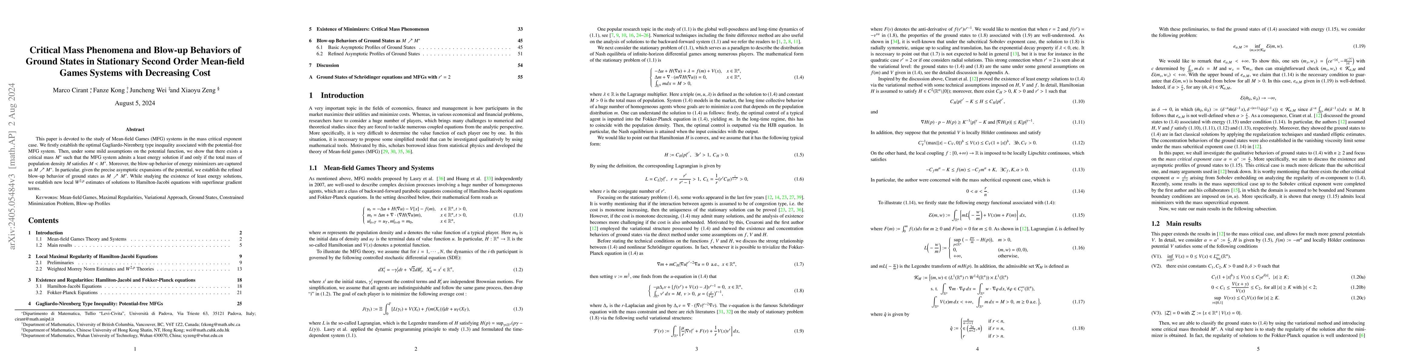 Thumbnail for Critical Mass Phenomena and Blow-up behavior of Ground States in
  stationary second order Mean-Field Games systems with decreasing cost
