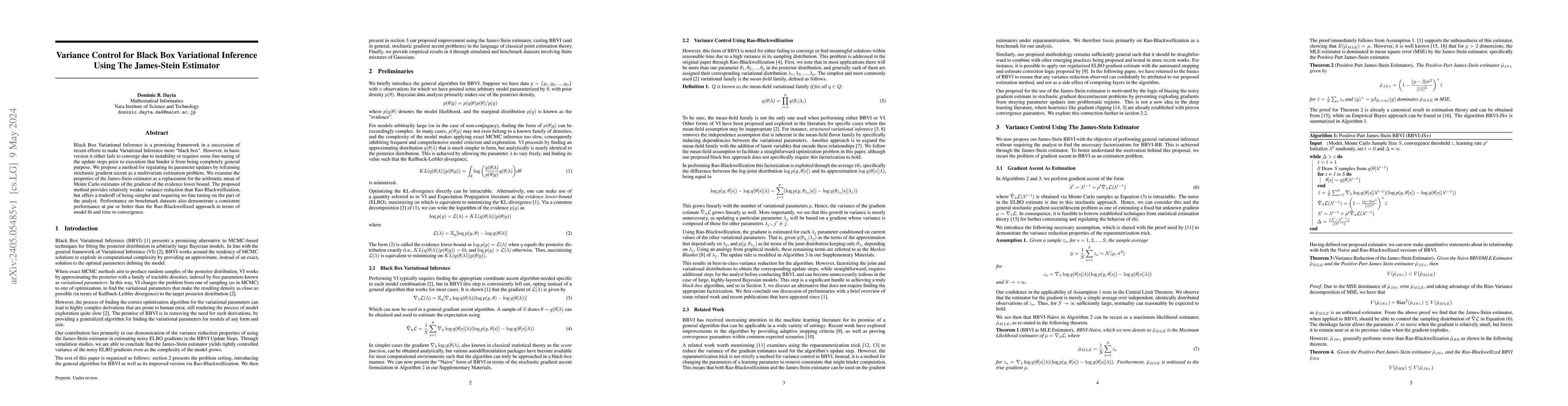 Thumbnail for Variance Control for Black Box Variational Inference Using The
  James-Stein Estimator