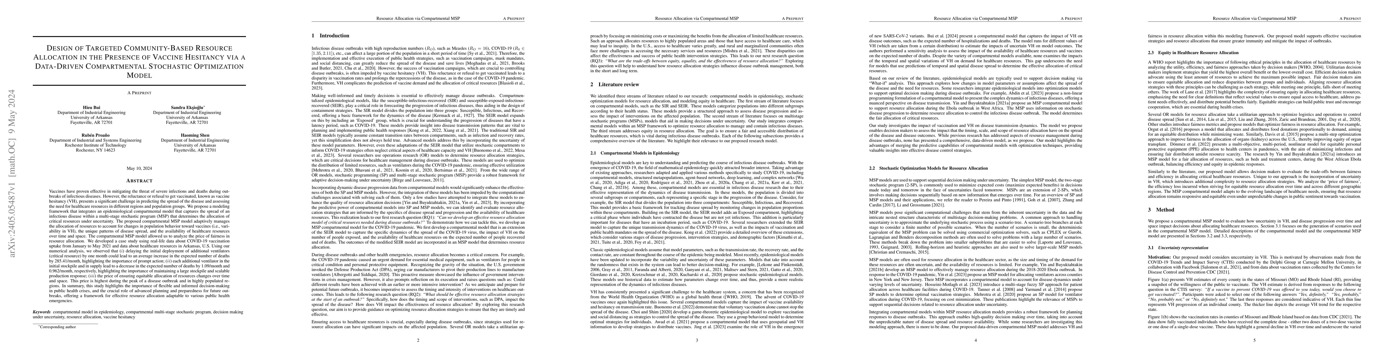Thumbnail for Design of Targeted Community-Based Resource Allocation in the Presence
  of Vaccine Hesitancy via a Data-Driven Compartmental Stochastic Optimization
  Model