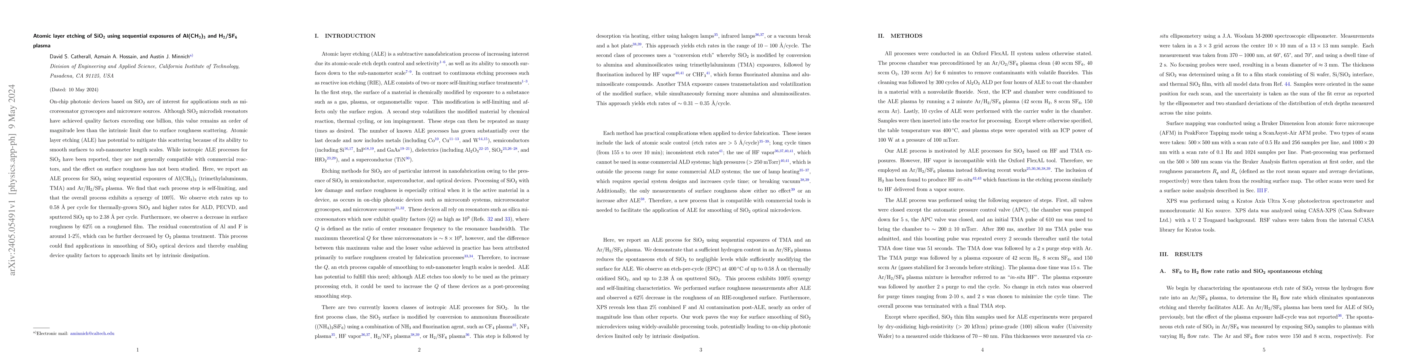 Thumbnail for Atomic layer etching of SiO$_2$ using sequential exposures of
  Al(CH$_3$)$_3$ and H$_2$/SF$_6$ plasma