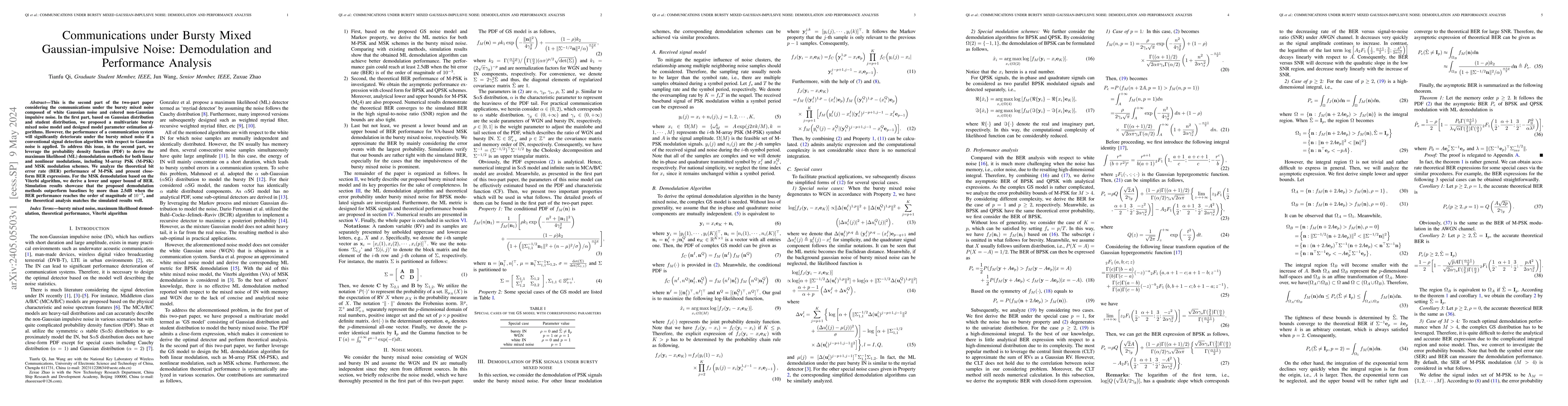 Thumbnail for Communications under Bursty Mixed Gaussian-impulsive Noise: Demodulation
  and Performance Analysis