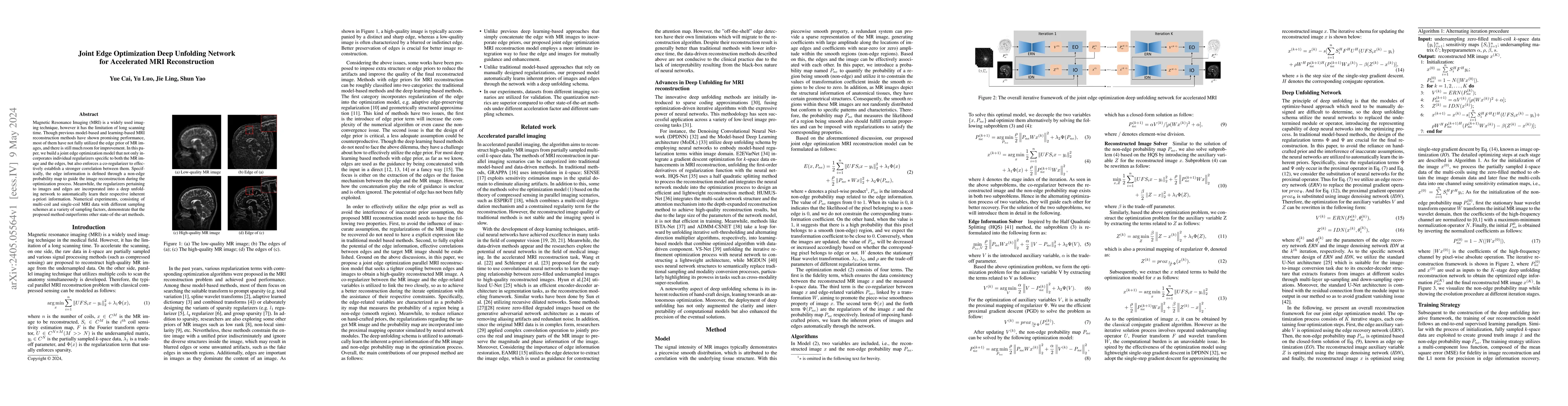 Thumbnail for Joint Edge Optimization Deep Unfolding Network for Accelerated MRI
  Reconstruction