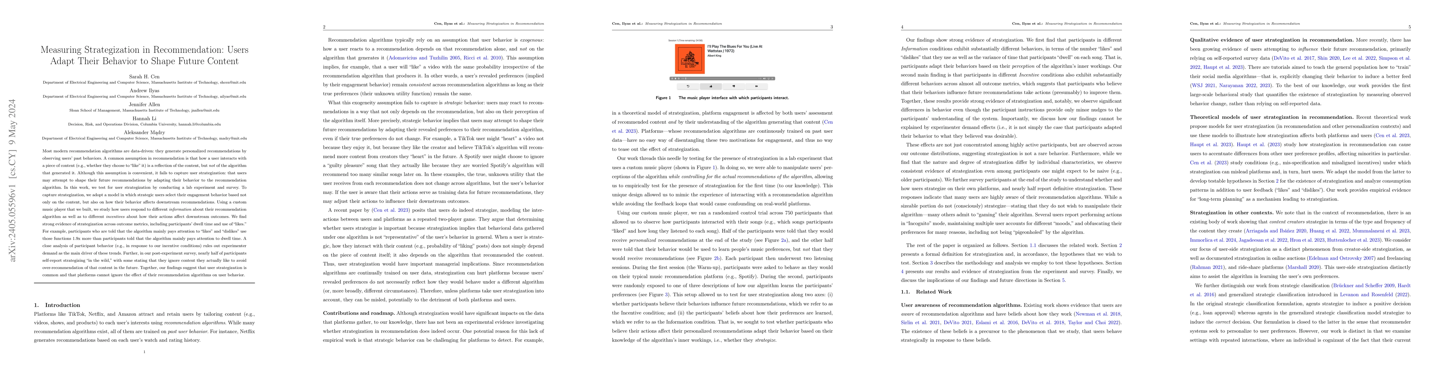 Thumbnail for Measuring Strategization in Recommendation: Users Adapt Their Behavior
  to Shape Future Content