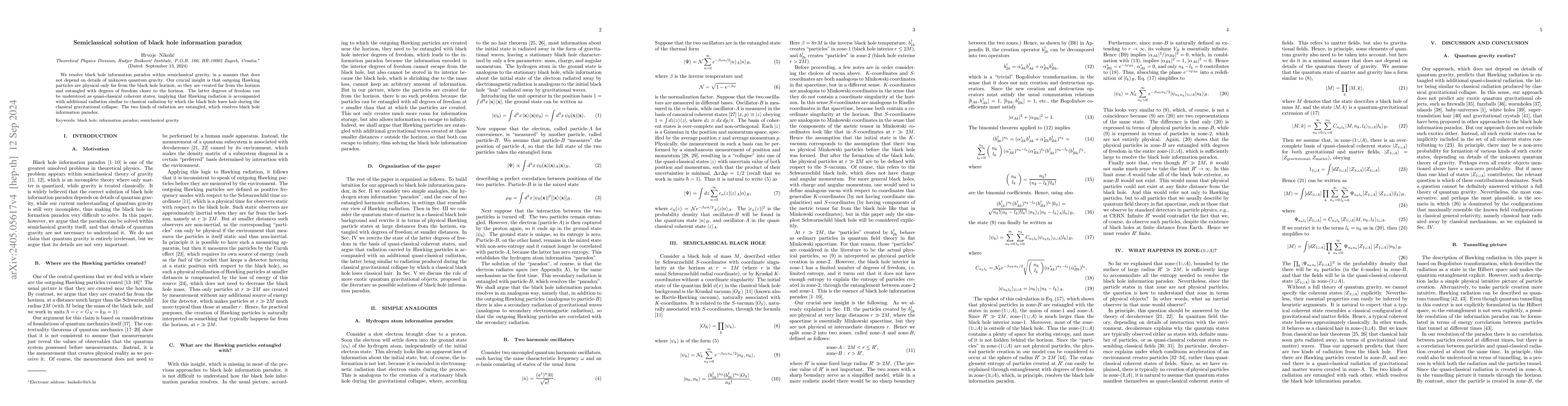 Thumbnail for Semiclassical solution of black hole information paradox