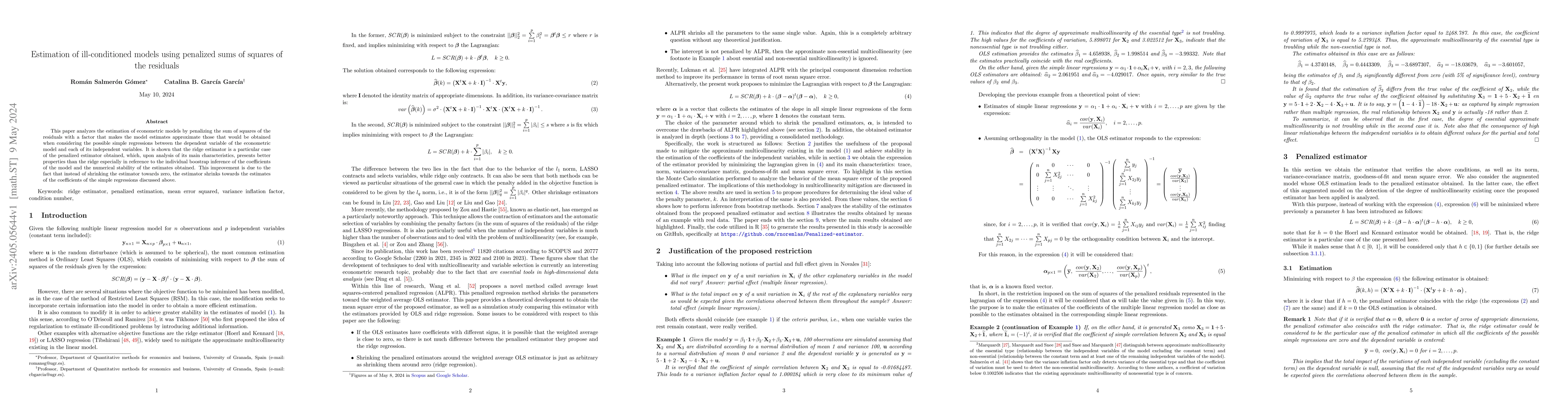 Thumbnail for Estimation of ill-conditioned models using penalized sums of squares of
  the residuals