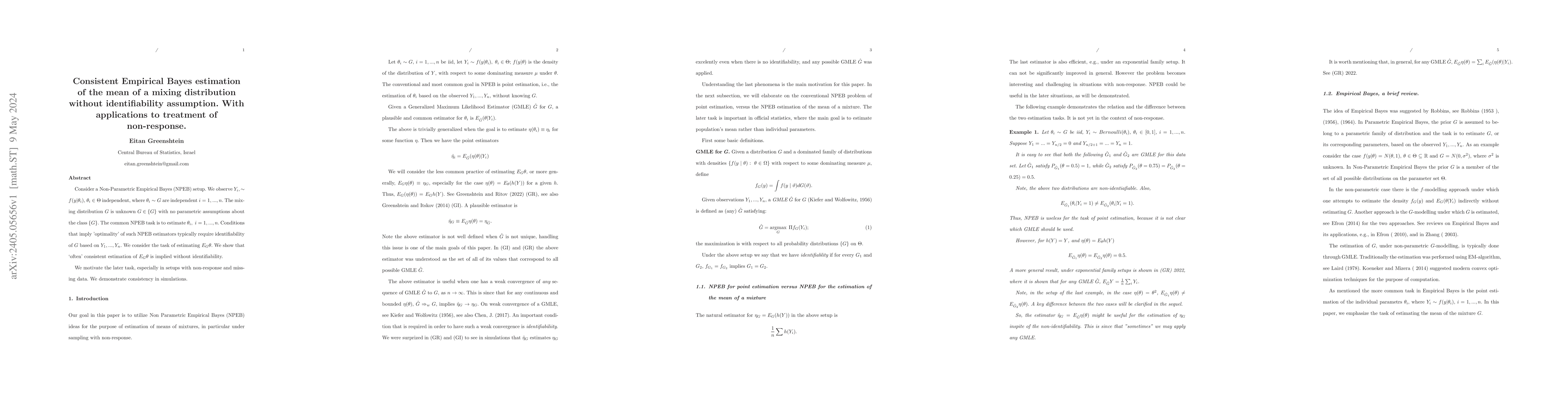 Thumbnail for Consistent Empirical Bayes estimation of the mean of a mixing
  distribution without identifiability assumption. With applications to
  treatment of non-response