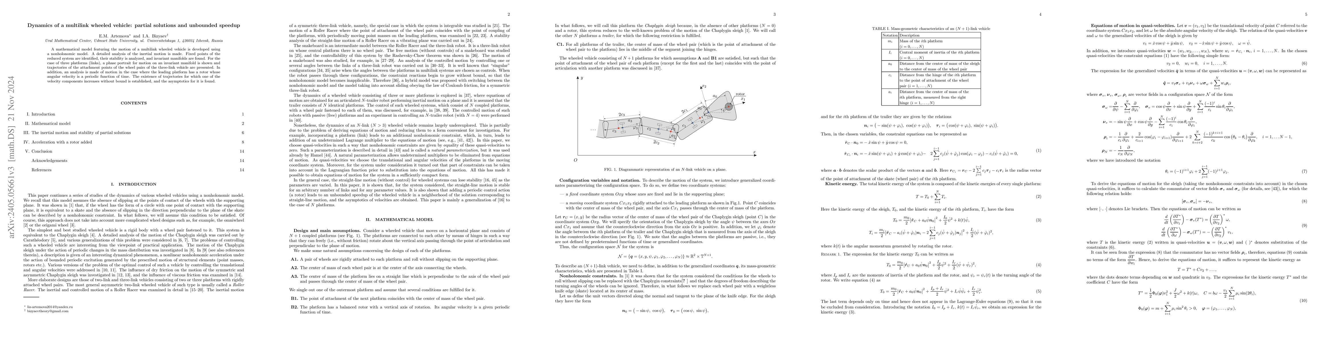 Thumbnail for Dynamics of a multilink wheeled vehicle: partial solutions and unbounded
  speedup