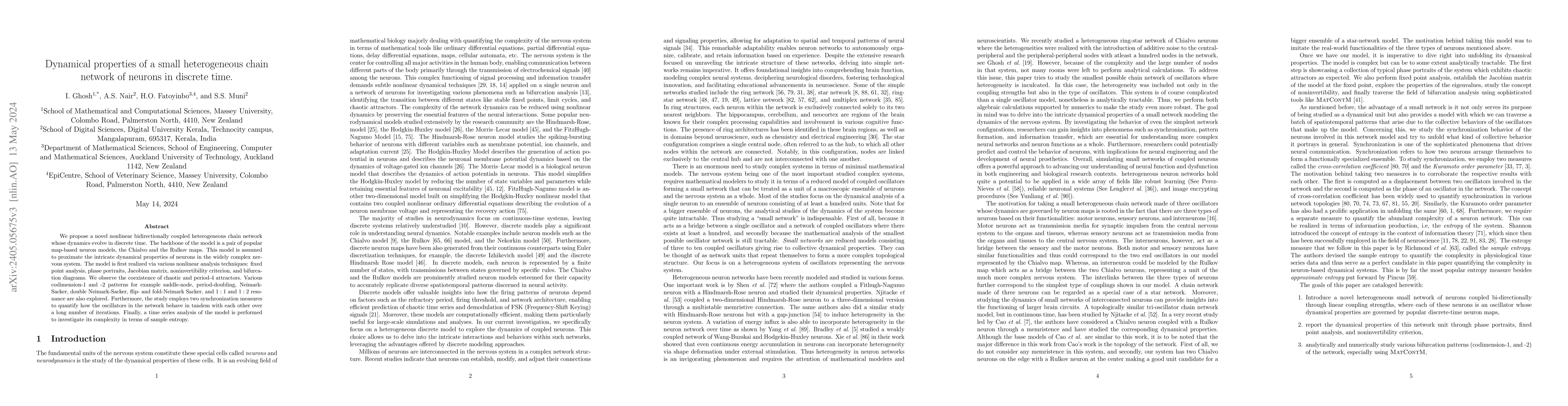 Thumbnail for Dynamical properties of a small heterogeneous chain network of neurons
  in discrete time