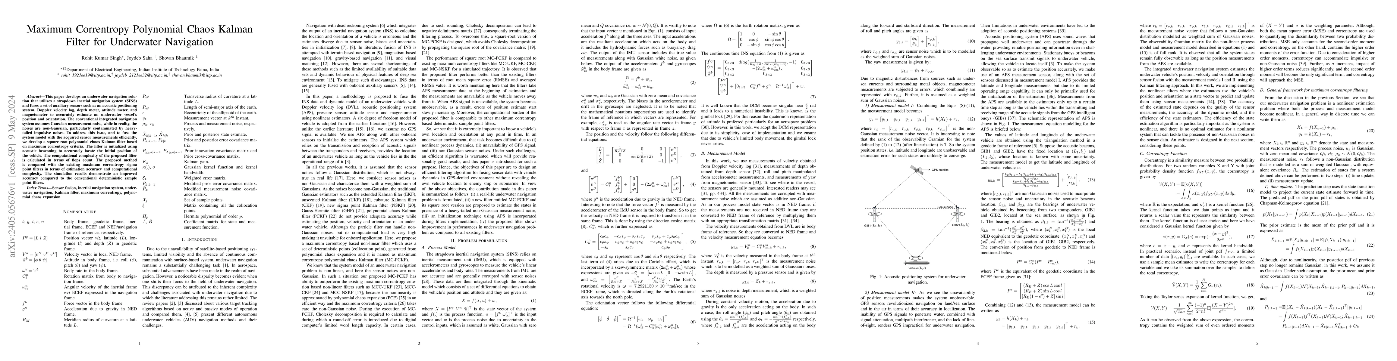 Thumbnail for Maximum Correntropy Polynomial Chaos Kalman Filter for Underwater
  Navigation