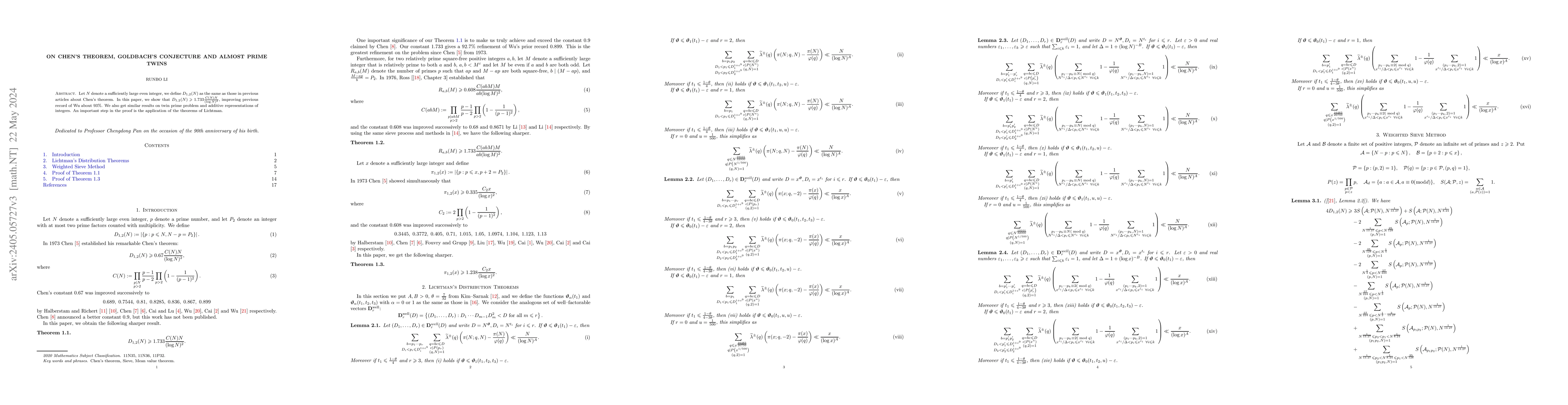 Thumbnail for On Chen's theorem, Goldbach's conjecture and almost prime twins