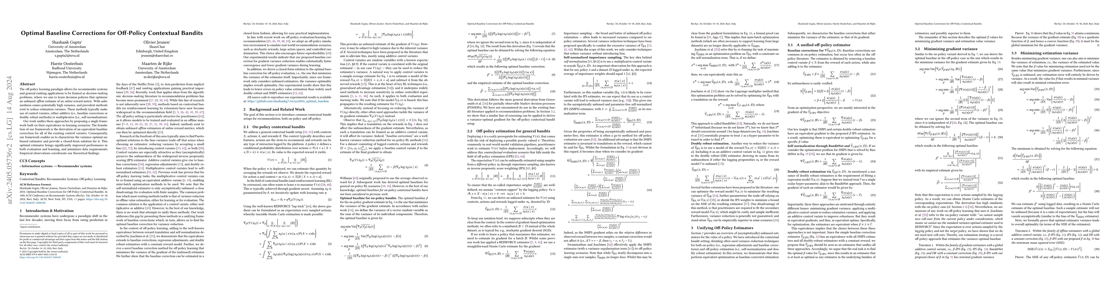 Thumbnail for Optimal Baseline Corrections for Off-Policy Contextual Bandits