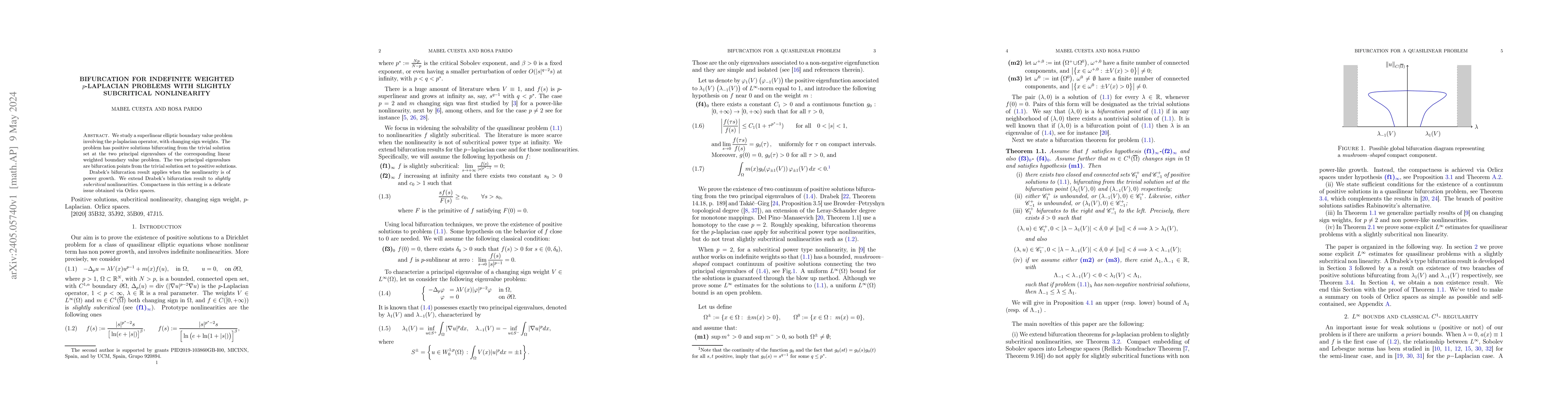 Thumbnail for Bifurcation for indefinite weighted $p$-laplacian problems with slightly
  subcritical nonlinearity