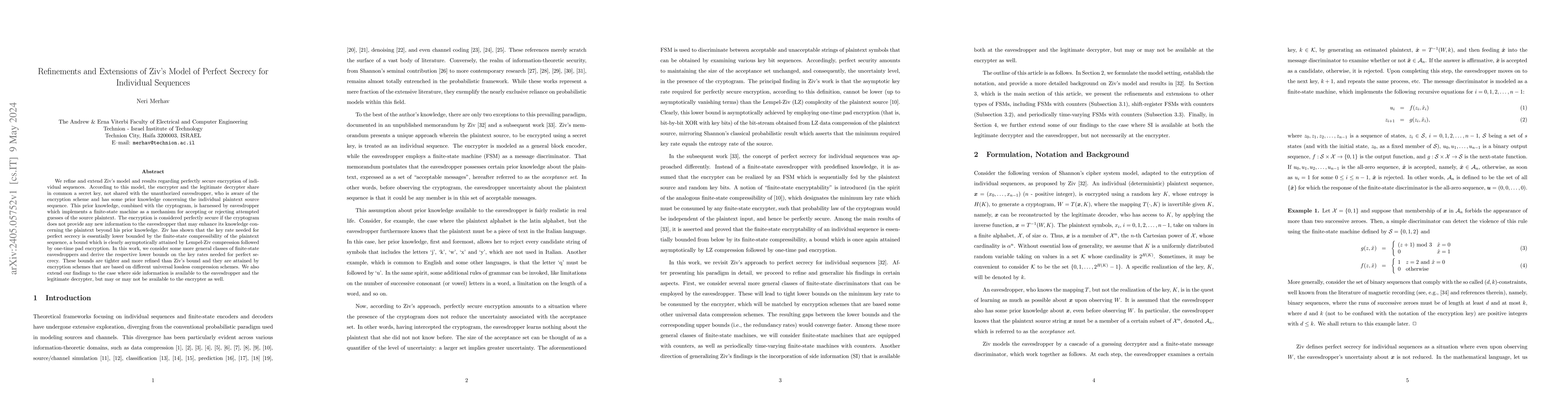 Thumbnail for Refinements and Extensions of Ziv's Model of Perfect Secrecy for
  Individual Sequences