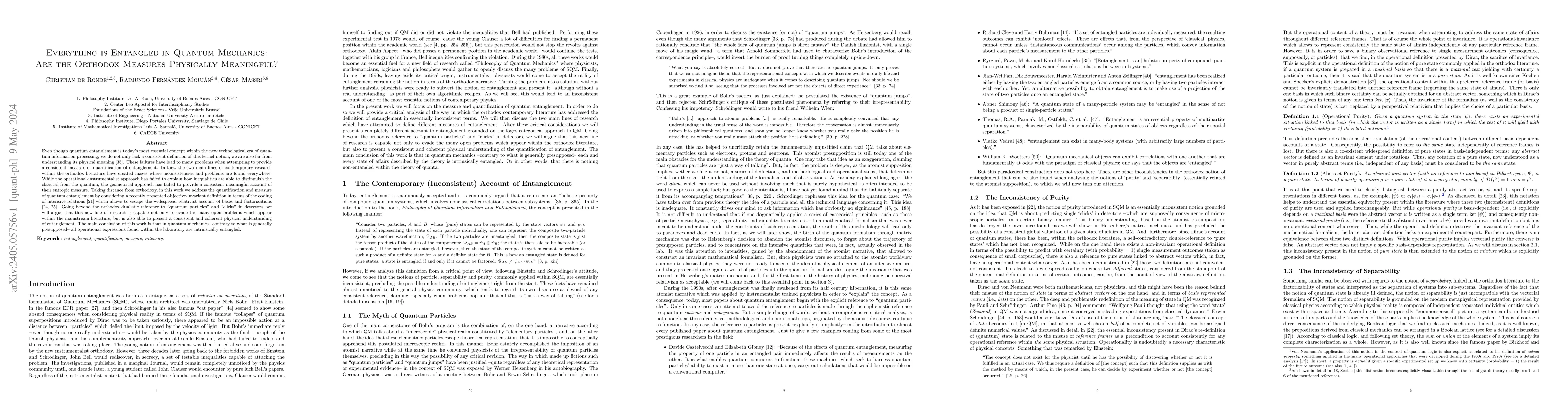 Thumbnail for Everything is Entangled in Quantum Mechanics: Are the Orthodox Measures
  Physically Meaningful?