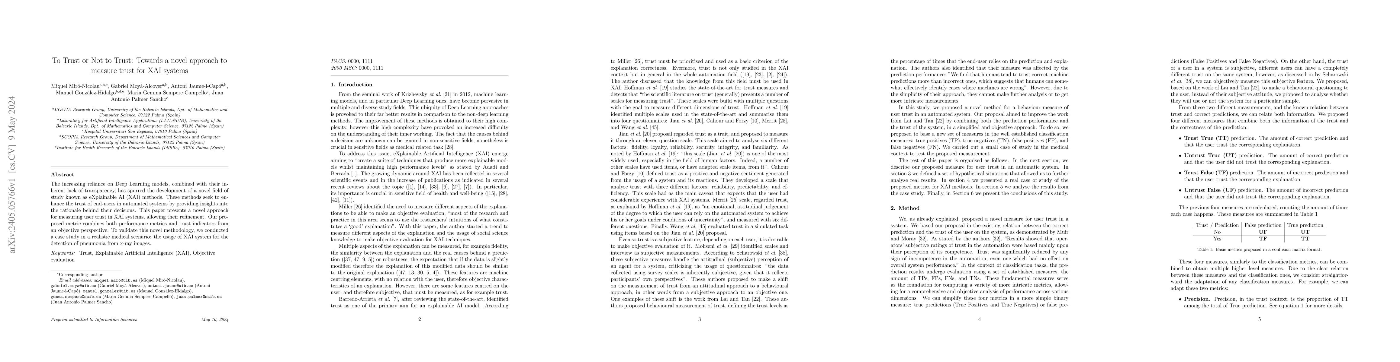 Thumbnail for To Trust or Not to Trust: Towards a novel approach to measure trust for
  XAI systems