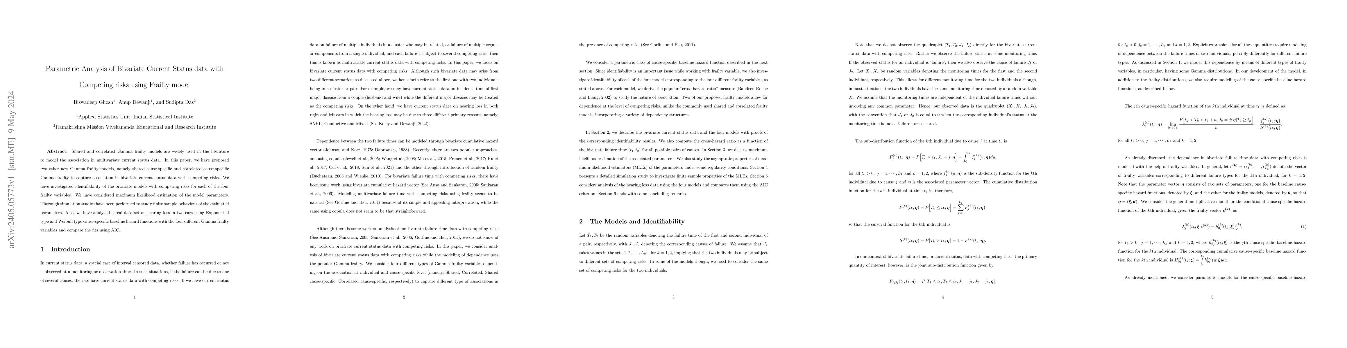 Thumbnail for Parametric Analysis of Bivariate Current Status data with Competing
  risks using Frailty model