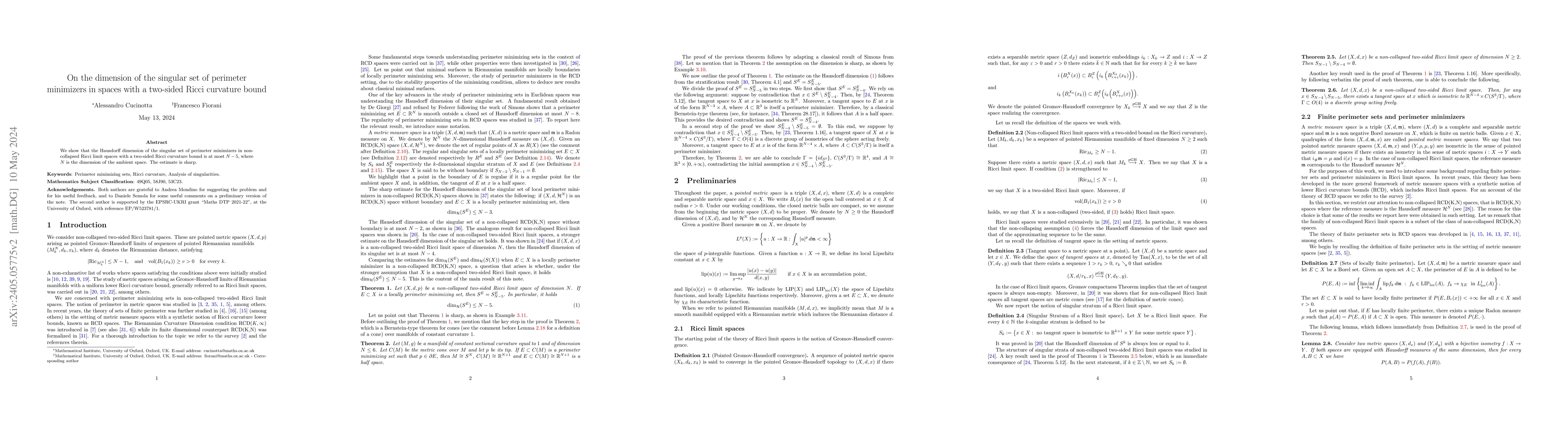 Thumbnail for On the dimension of the singular set of perimeter minimizers in spaces
  with a two-sided Ricci curvature bound
