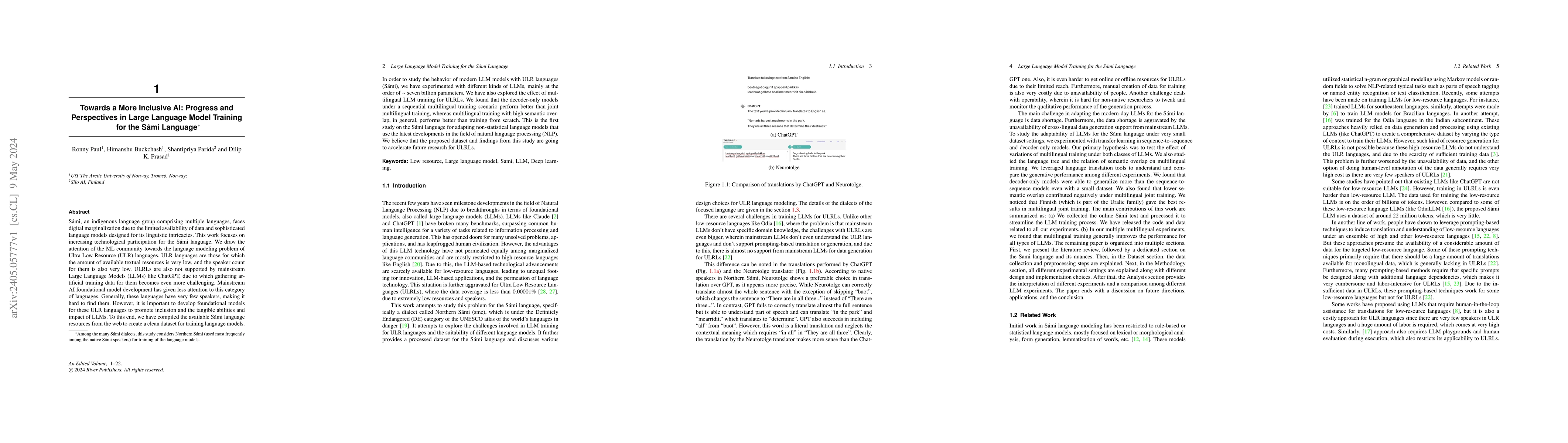 Thumbnail for Towards a More Inclusive AI: Progress and Perspectives in Large Language
  Model Training for the S\'ami Language