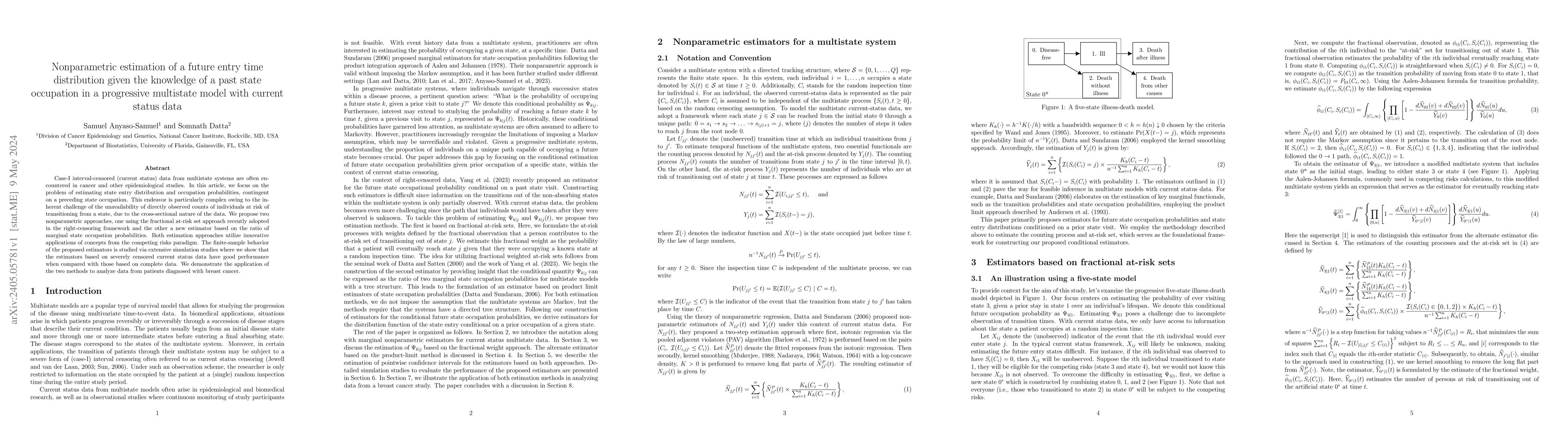Thumbnail for Nonparametric estimation of a future entry time distribution given the
  knowledge of a past state occupation in a progressive multistate model with
  current status data