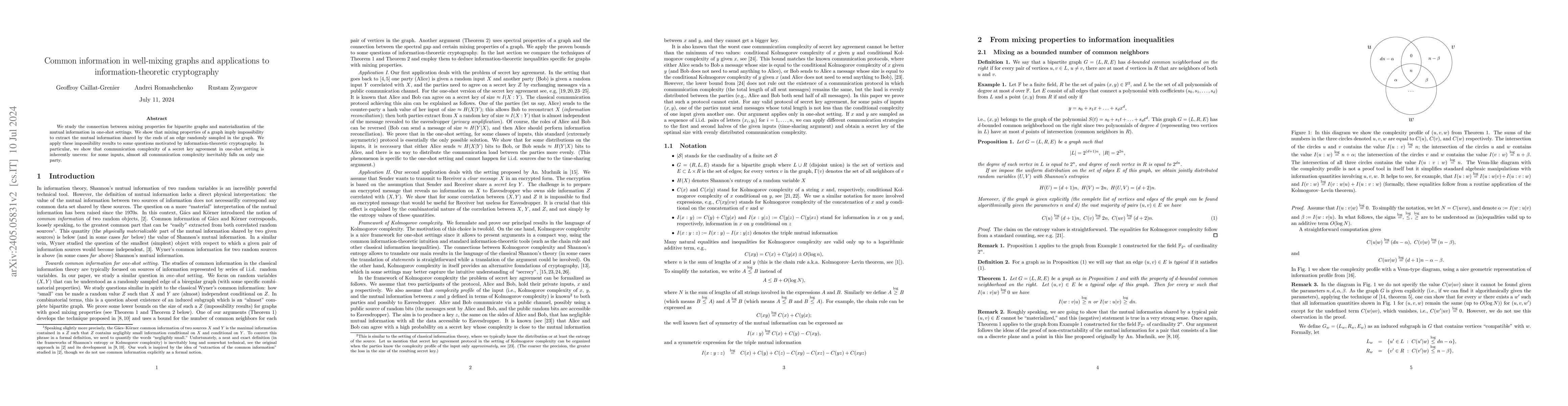 Thumbnail for Common information in well-mixing graphs and applications to
  information-theoretic cryptography