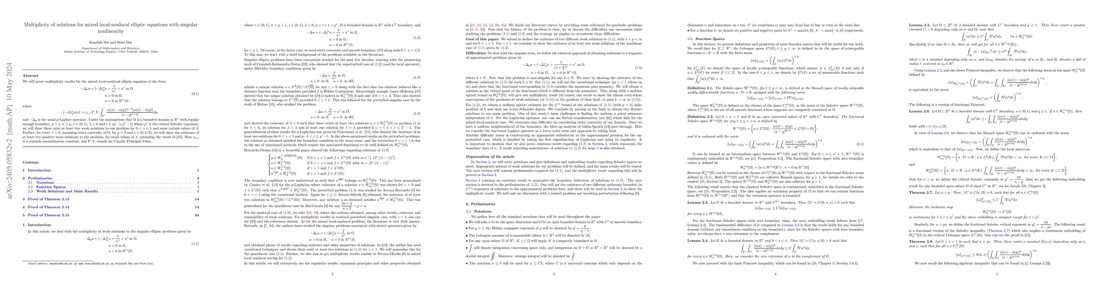 Thumbnail for Multiplicity of solutions for mixed local-nonlocal elliptic equations
  with singular nonlinearity