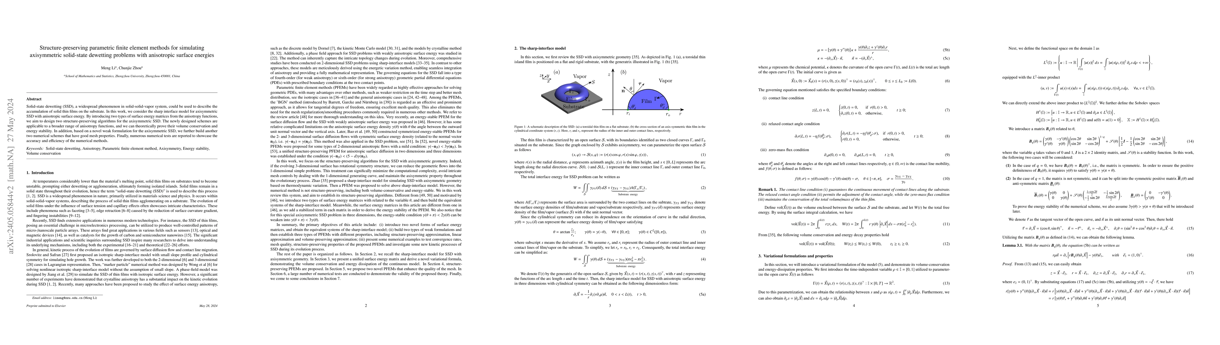 Thumbnail for Structure-preserving parametric finite element methods for simulating
  axisymmetric solid-state dewetting problems with anisotropic surface energies