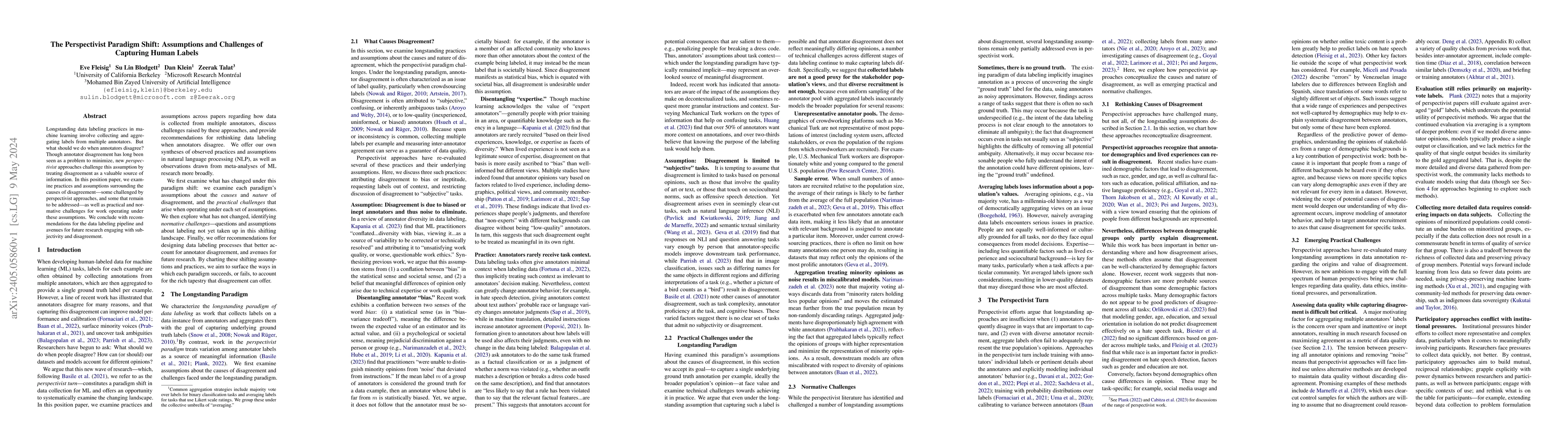 Thumbnail for The Perspectivist Paradigm Shift: Assumptions and Challenges of
  Capturing Human Labels