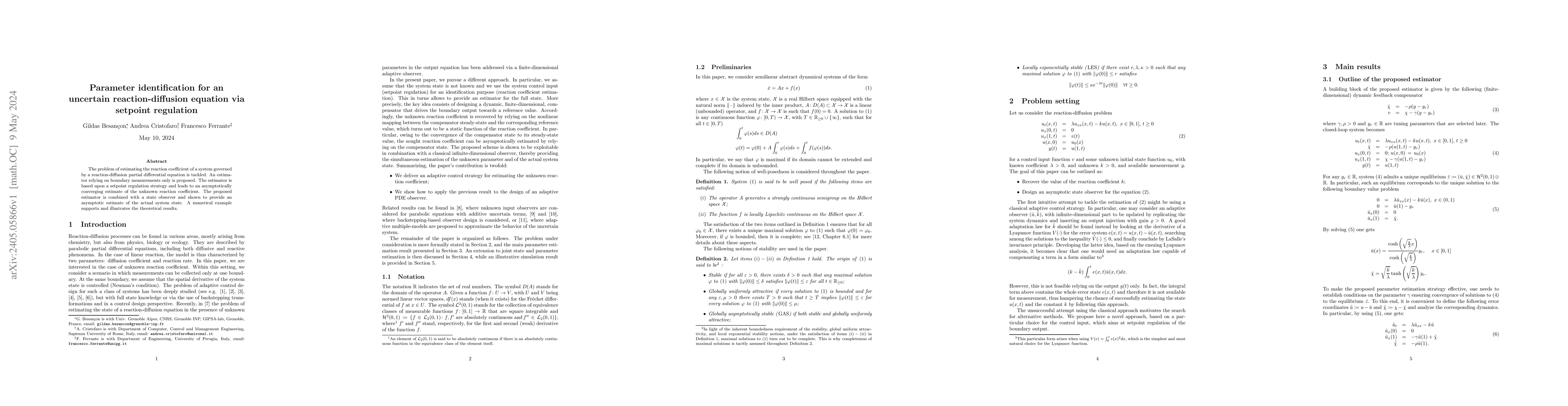 Thumbnail for Parameter identification for an uncertain reaction-diffusion equation
  via setpoint regulation