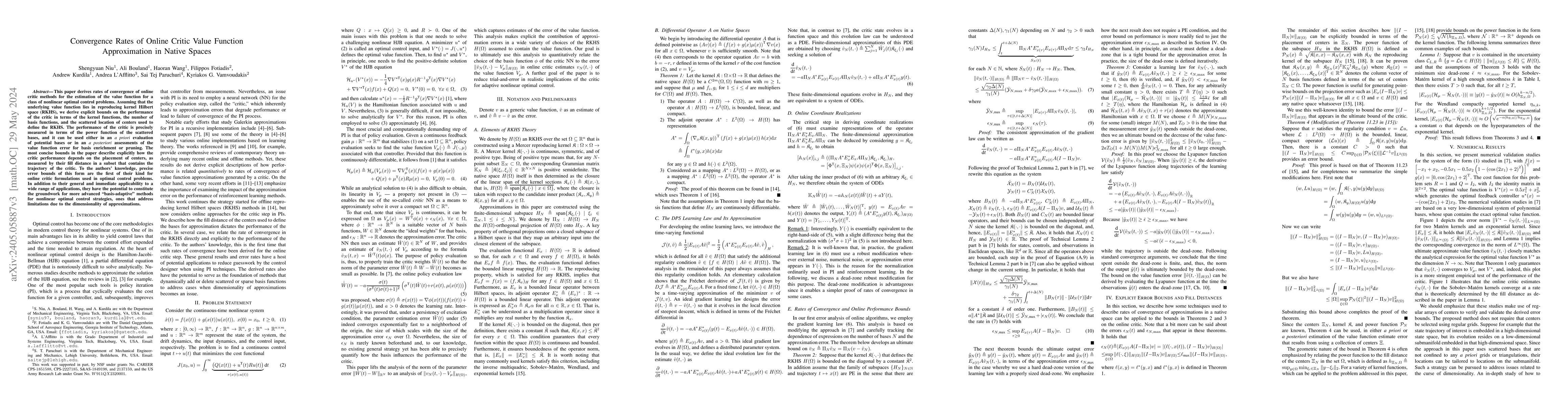 Thumbnail for Convergence Rates of Online Critic Value Function Approximation in
  Native Spaces