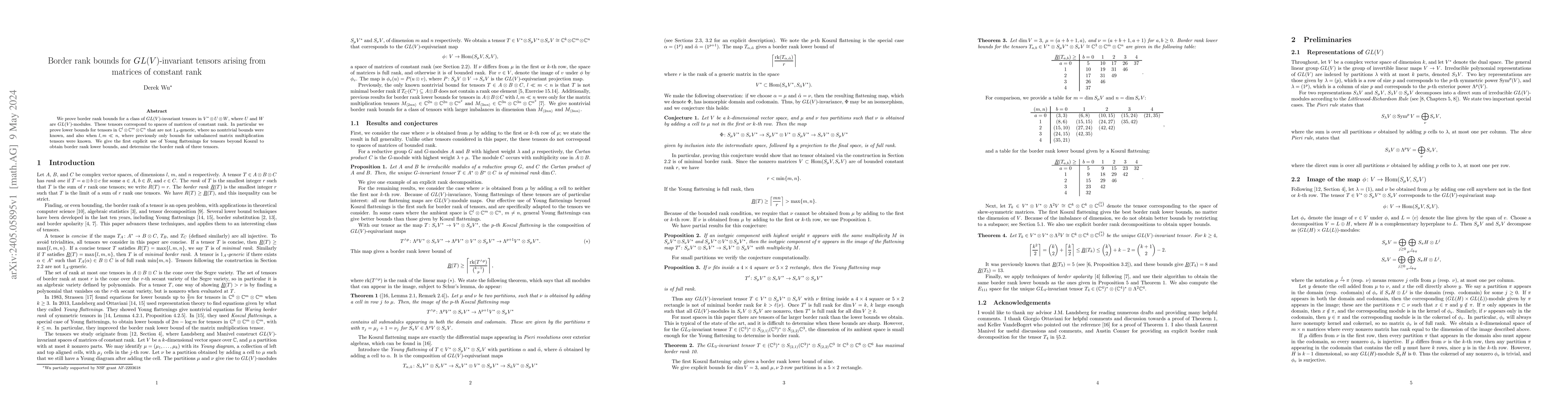 Thumbnail for Border rank bounds for $GL(V)$-invariant tensors arising from matrices
  of constant rank