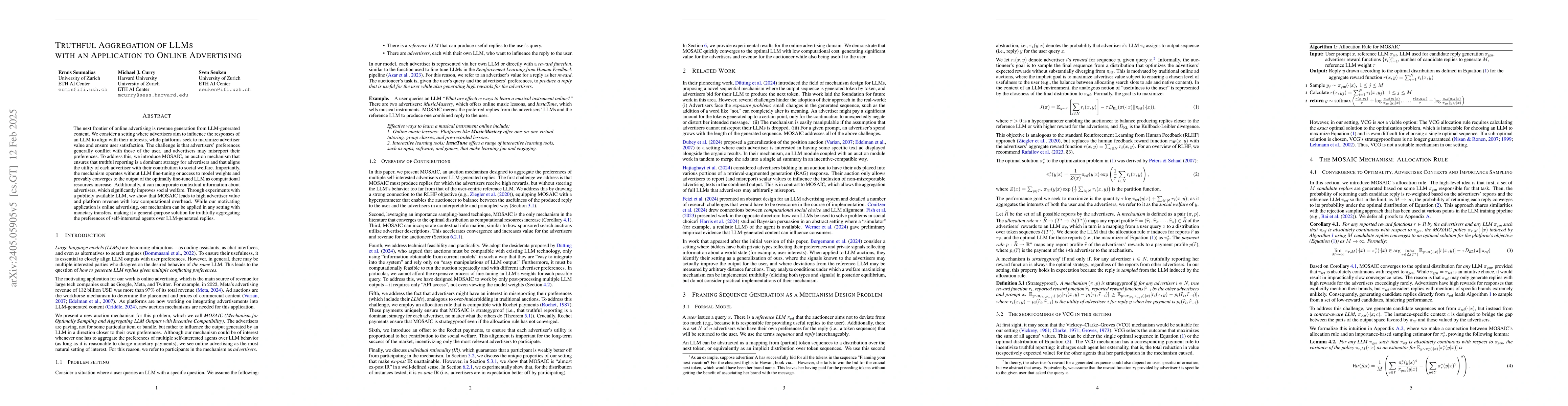 Thumbnail for Truthful Aggregation of LLMs with an Application to Online Advertising