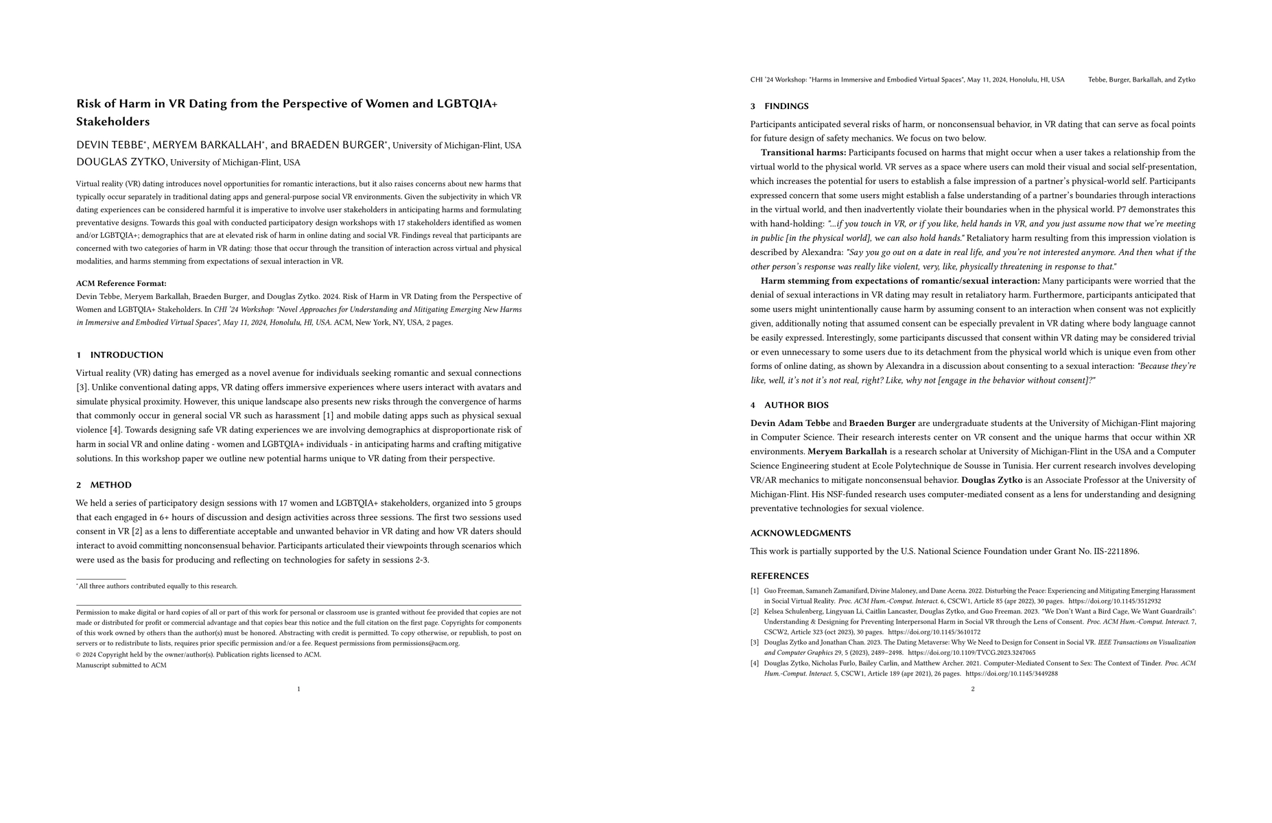 Thumbnail for Risk of Harm in VR Dating from the Perspective of Women and LGBTQIA+
  Stakeholders