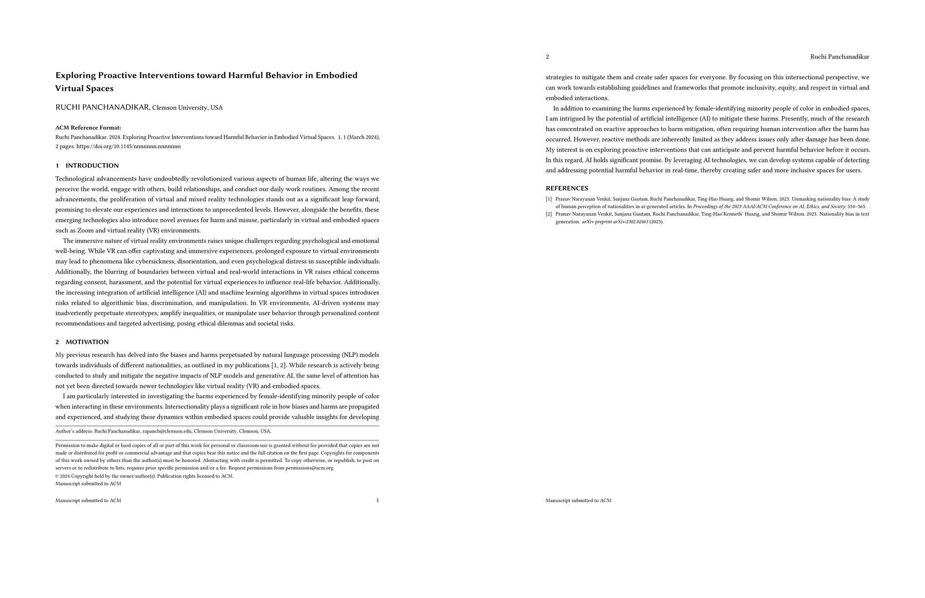 Thumbnail for Exploring Proactive Interventions toward Harmful Behavior in Embodied
  Virtual Spaces