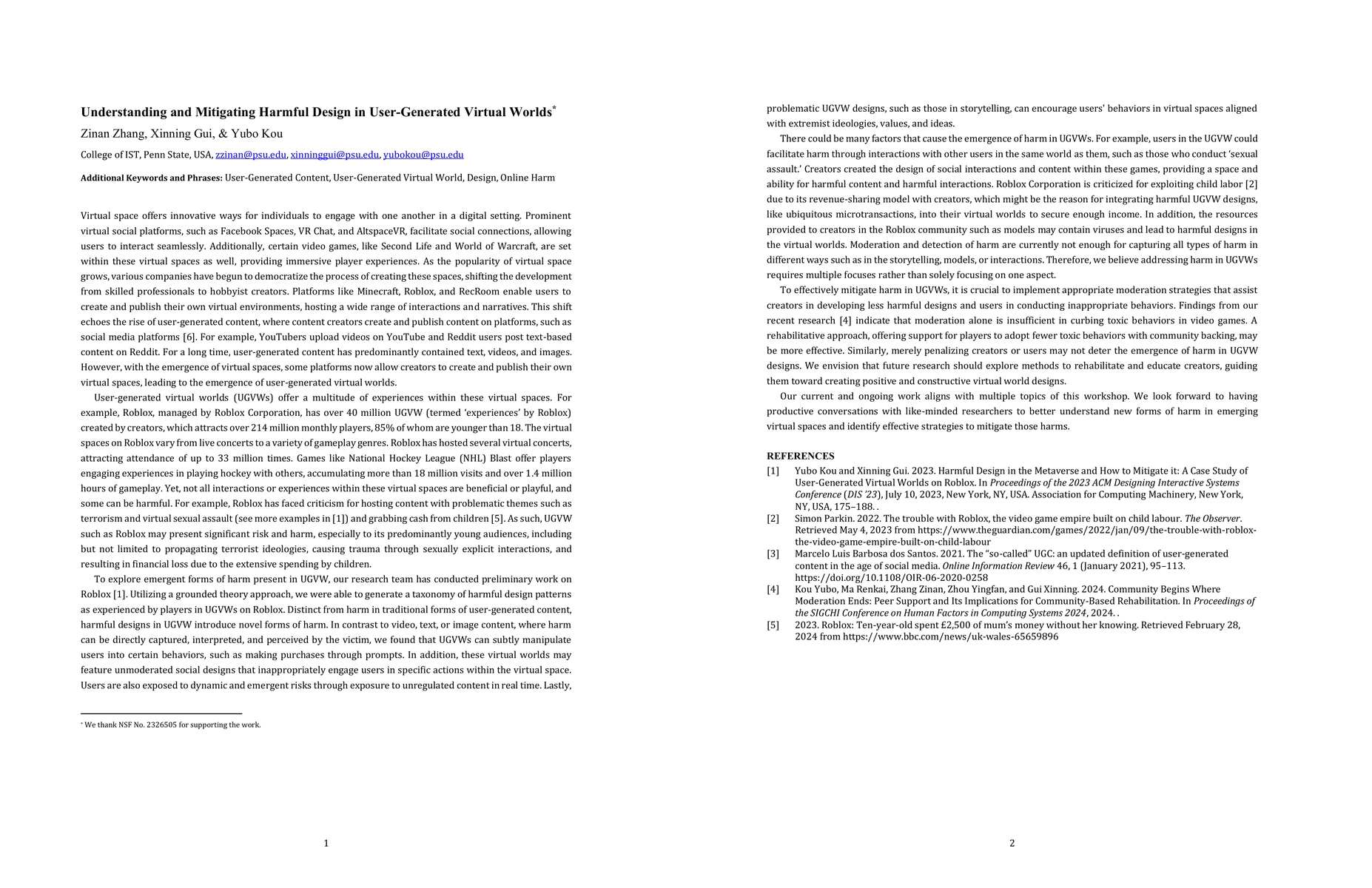 Thumbnail for Understanding and Mitigating Harmful Design in User-Generated Virtual
  Worlds