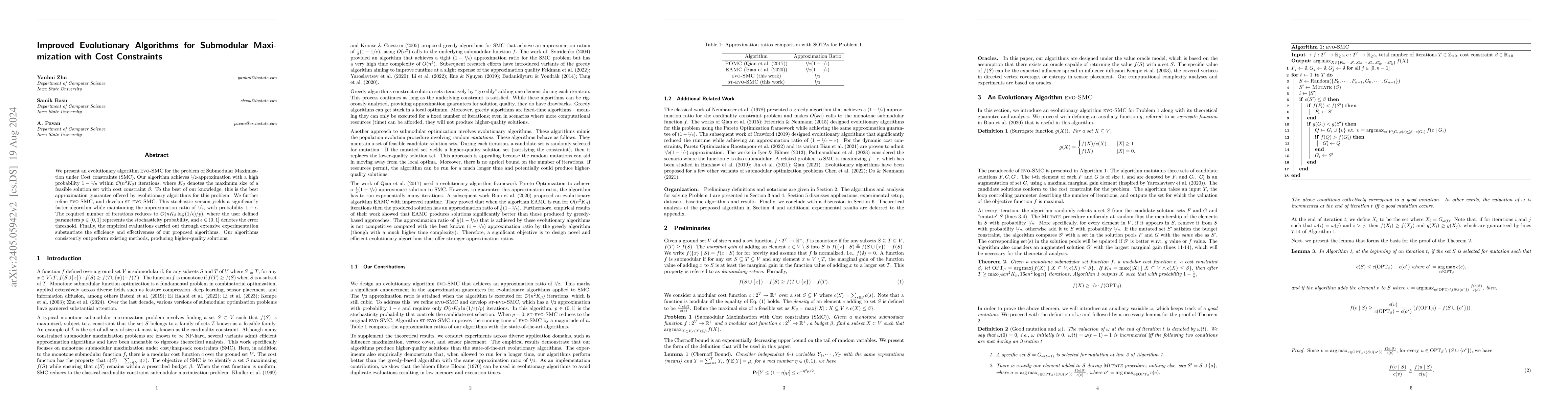 Thumbnail for Improved Evolutionary Algorithms for Submodular Maximization with Cost
  Constraints