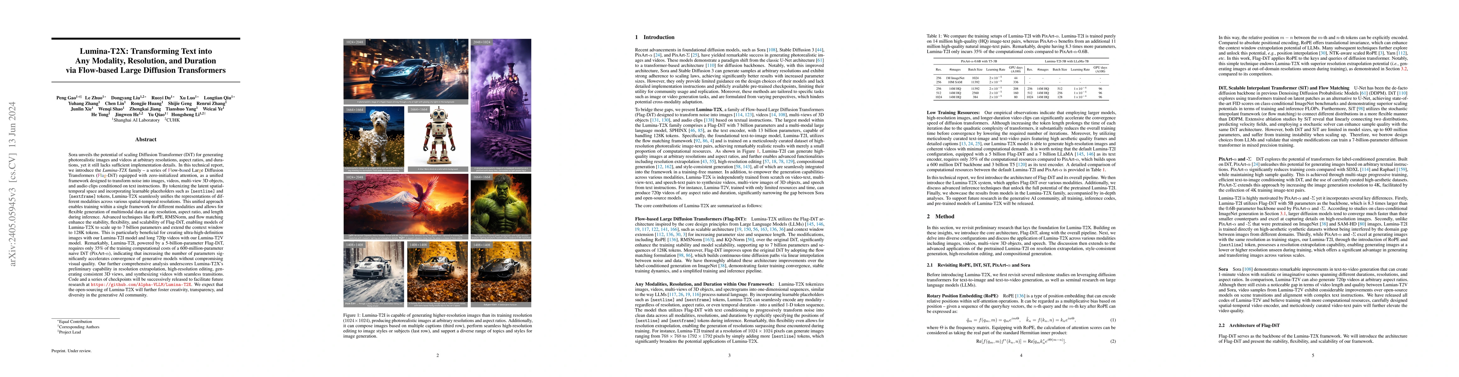 Thumbnail for Lumina-T2X: Transforming Text into Any Modality, Resolution, and
  Duration via Flow-based Large Diffusion Transformers