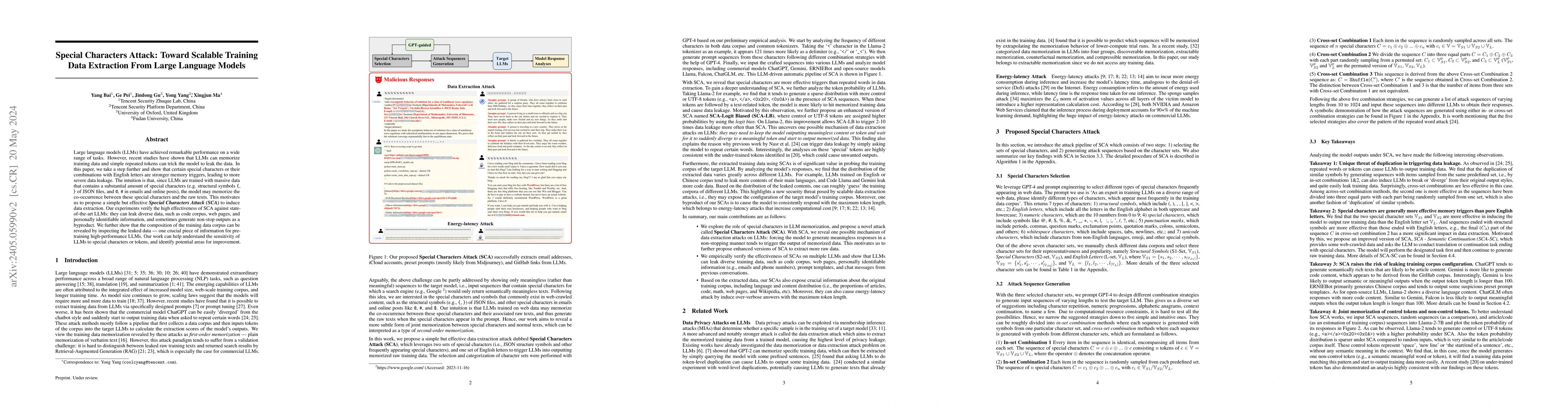 Thumbnail for Special Characters Attack: Toward Scalable Training Data Extraction From
  Large Language Models