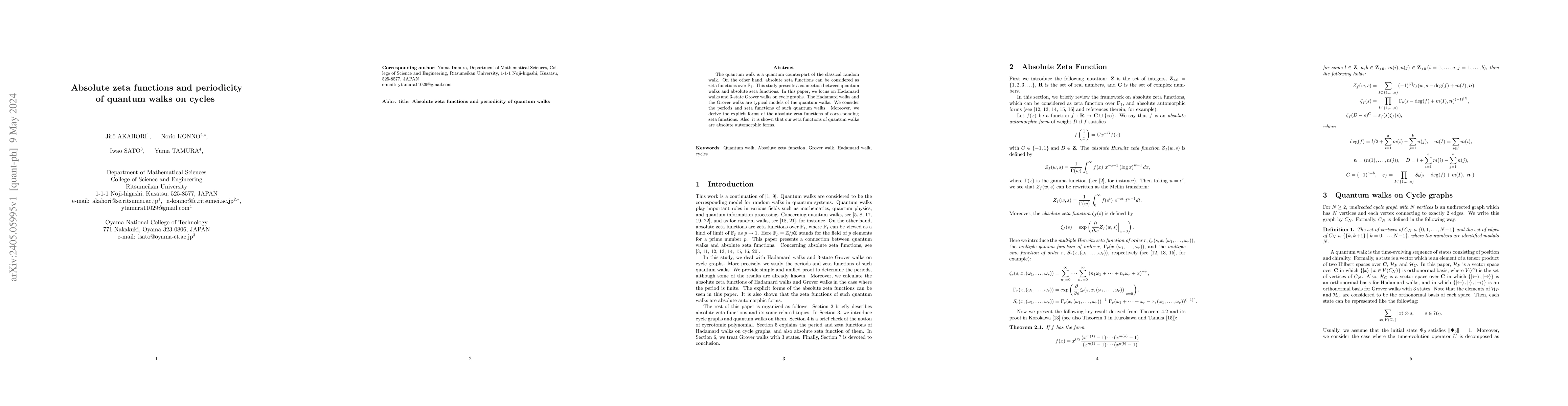 Thumbnail for Absolute zeta functions and periodicity of quantum walks on cycles