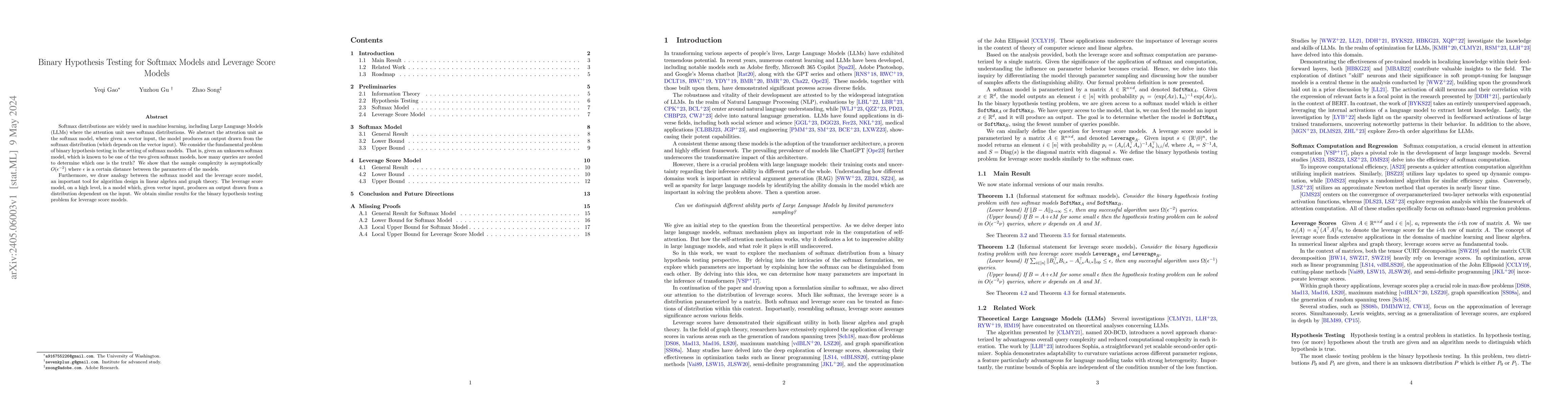 Thumbnail for Binary Hypothesis Testing for Softmax Models and Leverage Score Models